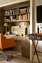 Brass lamps, campaign desk, orange + charcoal: 