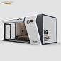 This may contain: a white and black trailer with a bed in the back is shown on a gray background