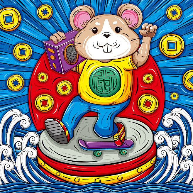 老鼠老鼠插画鼓鼠年滑板鼠年大吉国潮国潮插画
