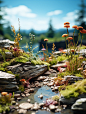 Empty background product photography, forest style, blue sky, sunlight, soft and ethereal, detailed, miniature, wood, HD, 8K, plants and trees on rocks, montage