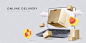 Online delivery banner with realistic laptop, parcels, clouds, and social icons in realistic style.