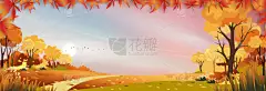 秋意盎然的农田，粉蓝相间的田园，五彩斑斓的乡村中秋奇景，乌云密布的天空，艳丽的落叶中的太阳，秋天的病