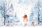 唯美女孩雪地森林散步AI插画
