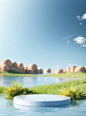 图像展示的是一个 3D 图像渲染的风景场景。中央有一个小型圆形岛屿或陆地，被水环绕在一边，在其他三个方面，环绕着沙漠般的环境和茂密的草地上。周围区域似乎是平坦的，上面有蓝色天空和远处山脉。总体来说，这种环境营造了一个孤立生态系统，也许是为了代表未来的或概念性的风景