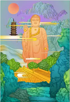南禅寺灵山大佛无锡城市地标建筑插画
