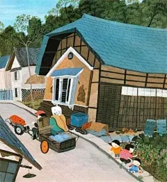       【日本著名画家原田泰治作品欣赏】 
原田泰治访遍日本47个州道府县，用画笔描绘了自己心中的“故乡”。驶过花丛的轨道车、运河边的石造仓库群、乡村里的烧炭人、海边的曲屋、农民庆祝丰收的场景……无论是普通人的生活场景、自然中的一草一木，还是历史悠久的传统手工艺和传统建筑，在原田泰治的画中都可以找到。在他那朴素自然的绘画中，可以感受到他对故乡的深情与热爱。