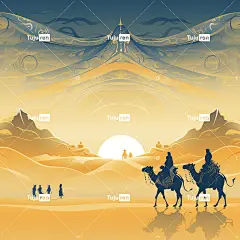 敦煌艺术风格插图穿越沙漠的骆驼队敦煌建筑背景中巨大的观世音雕