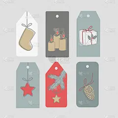 礼品标签设置为圣诞节和冬季假期线性设计元素