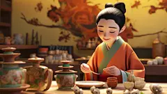 (1/4)一位动画师正在为一位穿着日本和服的女孩泡茶，风格类似于在Cinema 4D中渲染的Miki Asai，强调情感而不是真实性，Gene Luen Yang，Heian时期，精心设计，体积照明(AI绘图来自WeDraw.art)