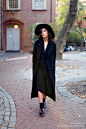 hat: Preston Olivia, jacket: Reformation, dress: Other Stores., shoes: Other Stores.