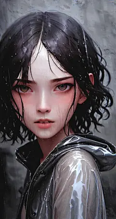 General 2160x4050 AI art AI-generated women vertical looking at viewer short hair wet rain raincoat black hair brown eyes Stable Diffusion