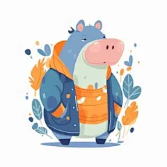 flat coloured cute hippo in clothes, cartoon style, art, white bacground