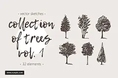 手绘大树设计素材Collection of hand drawn trees 设计模板 