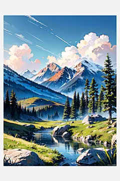 数字艺术 手绘插画 风景插画  山川装饰-众图网