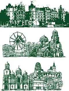 矢量建筑  - 源文件下载【酷图网】建筑剪影,城市,线条建筑,剪影,建筑图标,功能性建筑,城市建筑,建筑素材,黑白,高楼大厦,设计,