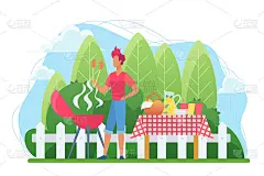 庭院烧烤平面矢量插画