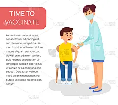 一位女医生正在给一个小孩的手臂上免费注射流感疫苗。海报为临床病媒隔离卡通插图。
