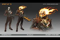 Spirit of '76 - Fanart, Steven Wayne : Decided to design an Overwatch skin concept for Soldier: 76. Originally envisioned as a Halloween or Legendary skin, it has some Reaper influence but is mostly inspired by Ghost Rider (the Spirit of Vengeance).

Face