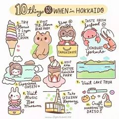 1. 试试小樽的七层彩色霜淇淋

2. 参观昭和新山熊牧场

3. 逛逛狸小路商店街

4. 到盖饭横丁市场品尝海鲜

5. 泡温泉

6. 去白色恋人公园

7. 去洞爷湖

8. 去小樽音乐盒堂

9. 搭有珠山缆车

10. 去大创买手做杂货
             地名: 北海道