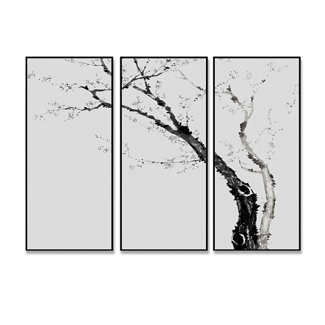 新中式黑白水墨禅意树枝装饰画意境梅花挂画...