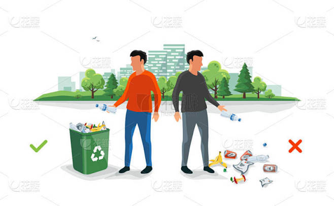正确和错误的乱扔垃圾。人不正当地把垃圾扔在地上。垃圾倒在街道上。被隔绝的动画片例证在白色背景.