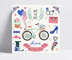 卡通婚礼元素|花卉,气球,爱心,钻戒,单车,情书,请柬,婚鞋,纸杯蛋糕,丝带,艺术字,钥匙,婚礼,装饰物,矢量图,AI格式