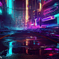 电玩风格赛博朋克的背景图，加一些霓虹灯，加入一些城市背景，地面有水滩和道路