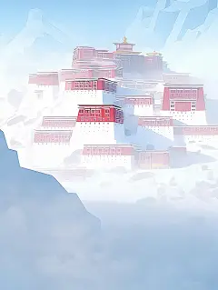 布达拉宫被白色浓雾包围，佛教禅宗平面插图海报