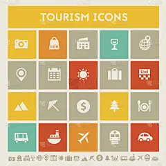 旅游的图标集。多色方形扁平按钮