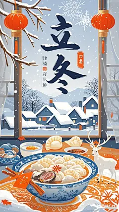 立冬海报通常具有以下特点：_ 色彩方面，以白色、蓝色、灰色等冷色调为主色调，象征着冬季的寒冷与宁静。白色代表雪花，蓝色如冬日的天空和冰霜，灰色似萧索的大地。同时，会点缀以橙色、红色等暖色调，比如一盏橙