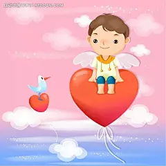 坐在爱心上的小男孩与站在爱心上的小鸟爱心|白云|插画|翅膀|绘画|卡通|卡通人物|卡通人物图片|漫画人物|人物素材|人物图片|矢量人物|矢量素材|手绘|小男孩|小鸟