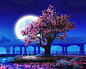 中国古代手绘插画-手绘插画古风夜晚场景-手绘插画古风游戏场景
