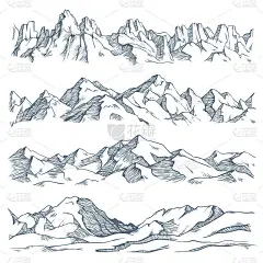 山景观雕刻。徒步或爬山的老式手绘素描。自然高地矢量图
