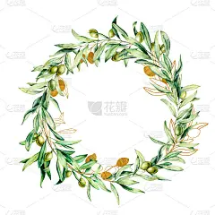水彩花环与金色和绿色的橄榄浆果。手绘花边界与橄榄水果和树枝与树叶孤立在白色的背景。用于设计、印花和面