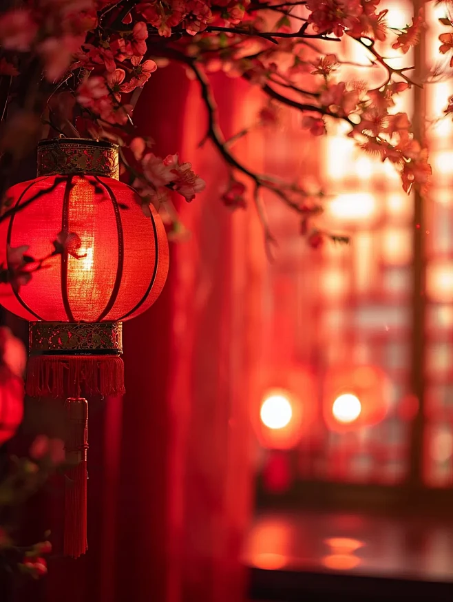 春节氛围，喜庆红色、红色窗帘为背景，小红...