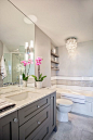 Madison Taylor Design - bathrooms - white and grey bath, white and grey bathroom, ceiling height mirror, bathroom mirror, vanity mirror, cei...