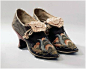 1700-1750 Women's shoes; brown leather and embroidered silk