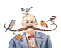 Man Watercolor Print - Bird Watercolour Illustration, Mustache, 8x10, Funny Painting