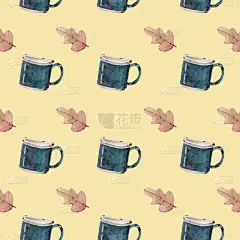 水彩画无缝图案旧杯子,橡木叶在温暖的背景上,用于壁纸或织物