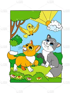 可爱的小猫,天生就有一只小鸟.在白色背景上孤立的手工绘制的矢量卡通画。平面设计。用于书籍、教育、印刷