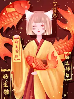 少女手绘高端创意国潮锦锂荷叶插画