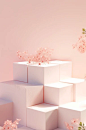 the pink white cubes with blossoms and pink flowers, in the style of commercial imagery, minimalist and monochromatic, daz3d, light orange, contrasting shadows, minimalist stage designs, subtle pastel tones