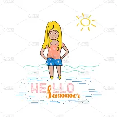 可爱的,女孩,布告,绘画插图,夏天,海滩,矢量,你好,商品,打印