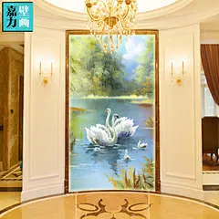 定制3D墙布壁画天鹅湖山水意境背景墙墙纸壁纸油画玄关过道屏风