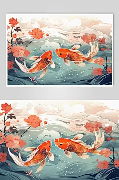 AI数字艺术国潮锦鲤山水建筑元素插画