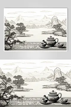 AI数字艺术复古铜版画茶园茶叶插画-众图网