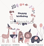 Birthday card with Africa animals.  Cute   lion, elephant, rhino,  ostrich and giraffe  in cartoon style.