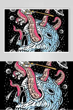 太空章鱼星球探险宇航员矢量插画-众图网