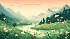 山川河流春暖花开插画高清模板免费下载-趣麦麦图