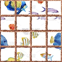水彩画,式样,海洋生命,华丽的,纺织品,壁纸,现代,海星,复古,绘制